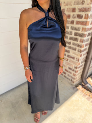 Navy Sutton Halter Neck Satin Midi Dress