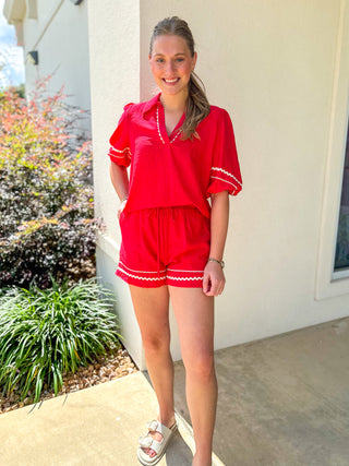 Red Ric Rac Trim Shorts Set