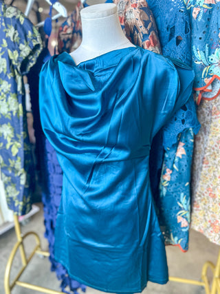 Teal After Dark Cowl Neck Satin Mini Dress