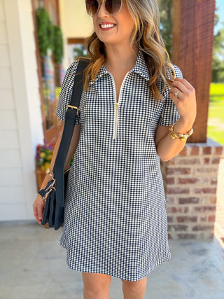 Navy Go-To Gingham Half Zip Mini Dress
