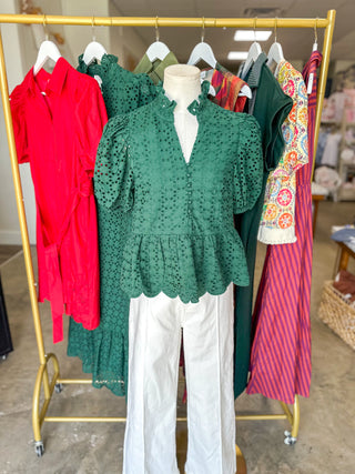 Hunter Green Eloise Eyelet Peplum Top