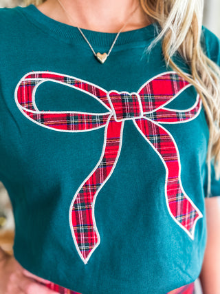 Holiday Plaid Perfection Bow Short Sleeve Top