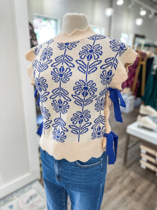 Royal Blue Look This Way Sleeveless Bow Tie Sweater Scallop Edge