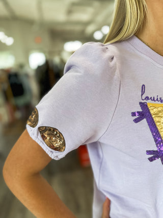 PRE-ORDER: Purple & Gold Geaux, Fight, WIN Sequin Spirit Puff Sleeve Top
