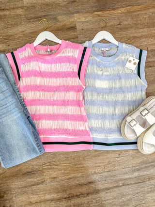 Hues of Pink Striped Sleeveless Top W/ Hunter Green Striped Accent Band