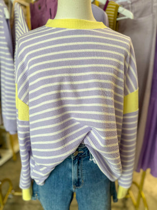 Lavender/Banana Knit Stripe Long Sleeve Top