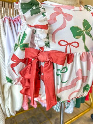 Holiday Print Christmas Bows Ruffles Girl Romper