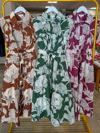 Brown Garden Society Collared Tie Waist Maxi Dress