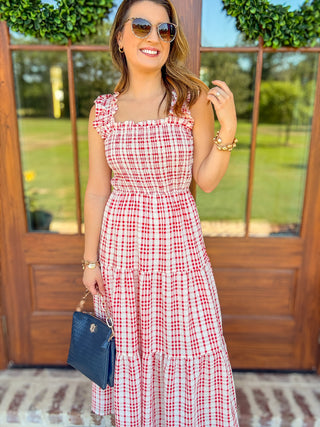 Red Plaid Smocked Tiered Midi Dress
