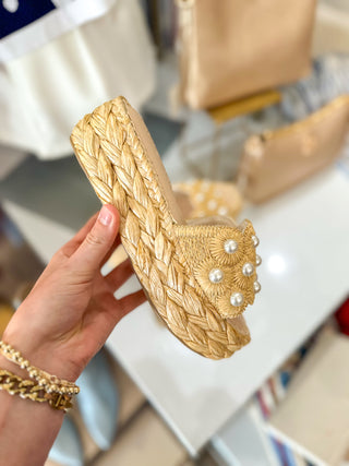 The Candice NATURAL Floral Pearl Raffia Platform Sandal