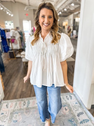 Off White Sunbeam Smocked Bubble Sleeve Blouse
