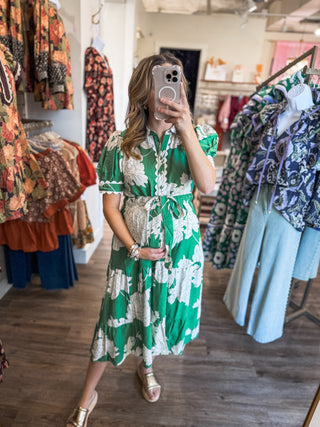 Green Evening Petals Short Sleeve Midi Dress