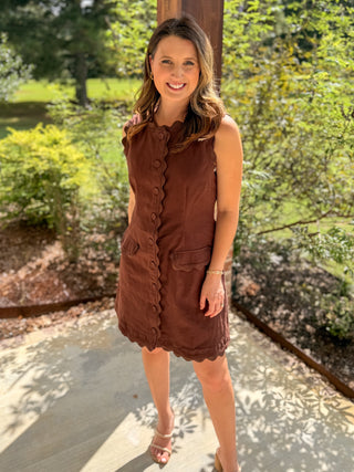 Brown Sweet Detail Scallop Trim Mini Dress