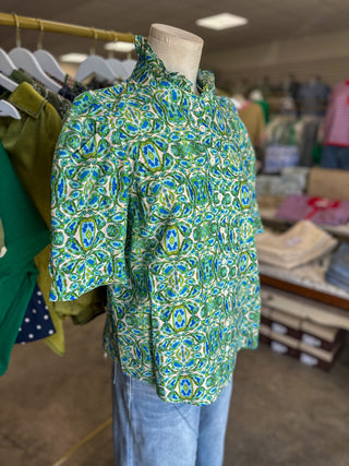 Green & Blue Garden Tile Ruffle Neck Button Down Top