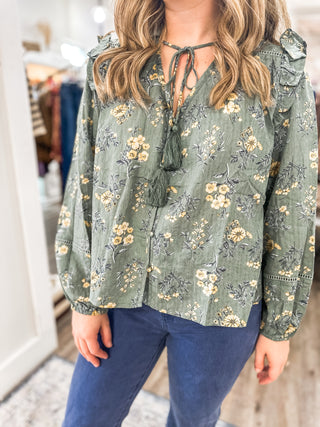 Blissful Printed Long Sleeve Blouse Tasseled Details