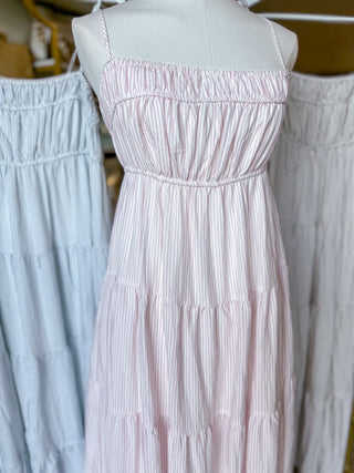 Soft Pink Stripe Shirred Empire Waist Midi Dress