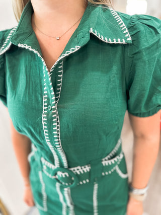 Pine Whisper Stitch Collared Short Sleeve Mini Dress