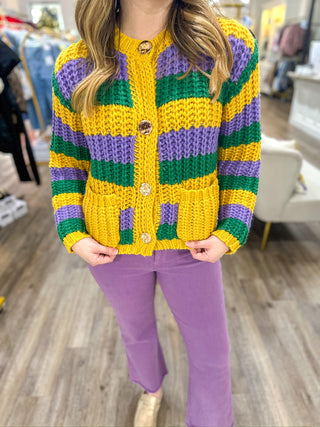 Mardi Party Striped Long Sleeve Cardigan Sweater