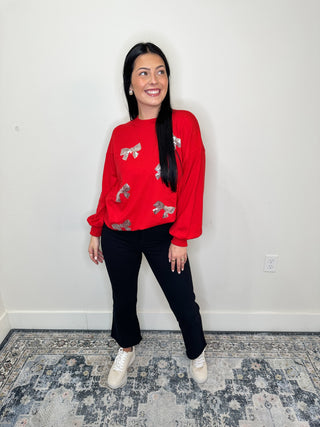 Red Sequin Bow Long Sleeve Top