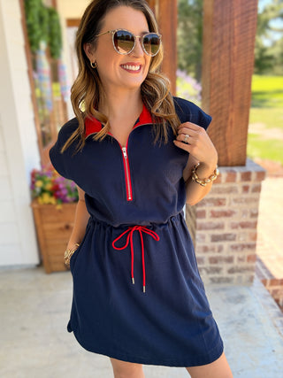 Navy & Red Detailed Zip Up Collared Drawstring Waist Dress