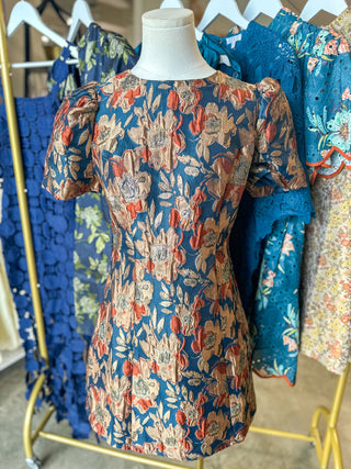 Teal Tapestry Rose Jacquard Mini Dress