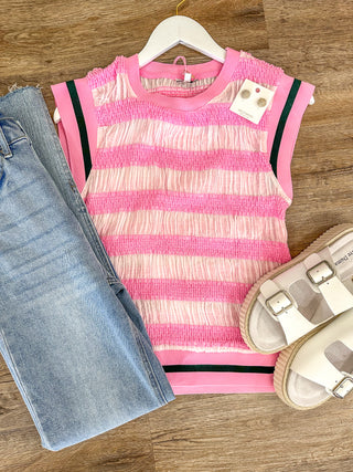 Hues of Pink Striped Sleeveless Top W/ Hunter Green Striped Accent Band