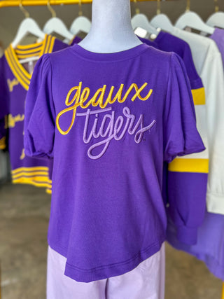 Purple Tina Geaux Tigers Embroidered Puff Sleeve Top