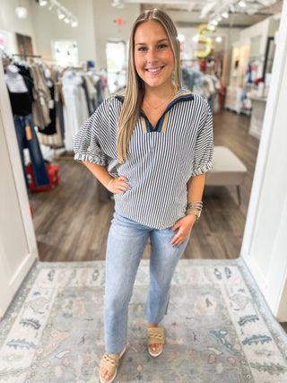 Navy Sophisticated Stripes Top