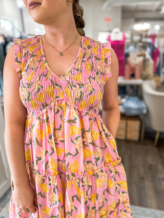 Pink & Citrus Yellow Floral Smocked Bust Mini Dress