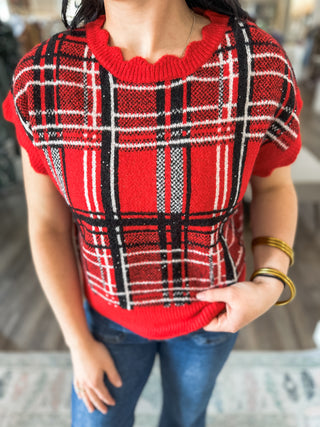 Red Holiday Sparkle Plaid Knit Top