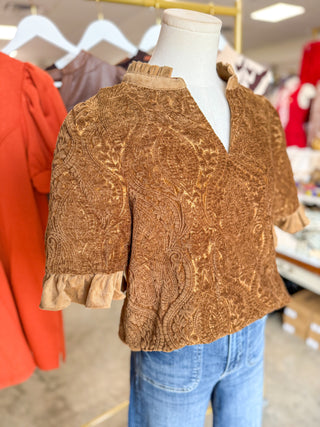 Brown Tonal Paisley Ruffle Detail Top