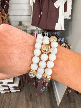 Natural Stone & Gold Set of 3 W/ Rhinestone Accents Stretch Bracelets