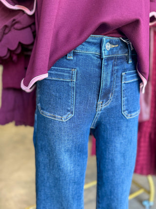 Harper Patch Pocket Dark Wash High Rise Ankle Flare Denim Jeans