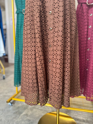 Brown Charlotte Eyelet Belted Maxi Dress