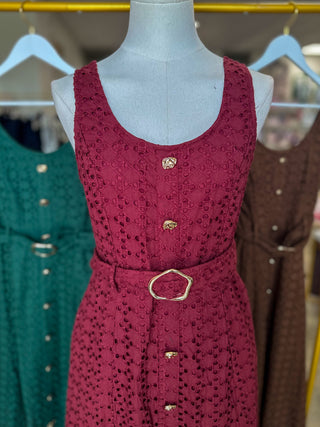 Burgundy Charlotte Eyelet Belted Maxi Dress