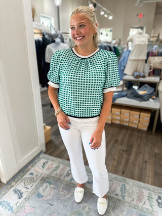 Teal/Forest Green Gingham Textured Ruffle Band Top