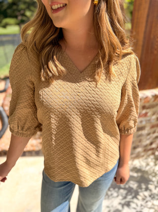 Taupe Diamond Textured Puff Sleeve Top