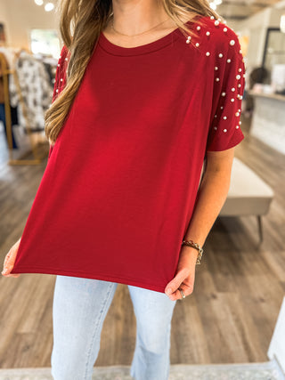 Crimson Pearls Short Sleeve Top