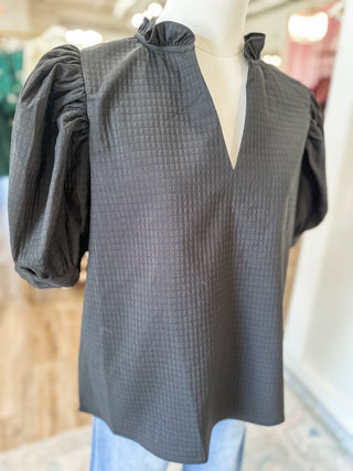 Black Ruffle Puff Sleeve Textured Top
