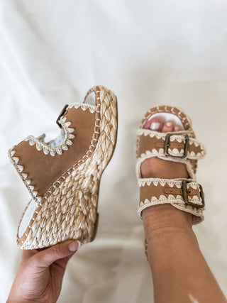 Camel Rae Embroidered Espadrille Double Buckle Wedge - OASIS SOCIETY