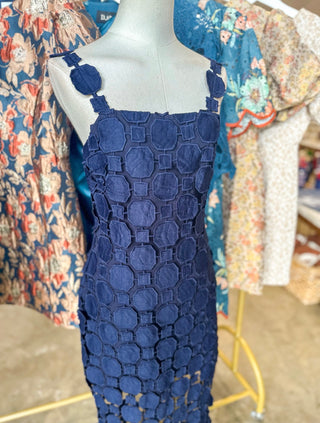 Navy Hyacinth Lace Fringe Midi Dress