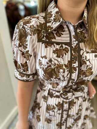Brown Stripes & Stems Buttoned & Belted Mini Dress