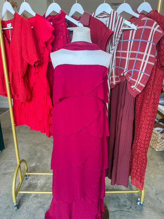 Wine Ruffled Romance Maxi Dress W/ Neck Scarf