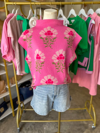Pink All Eyes on You Floral Sleeveless Sweater Top