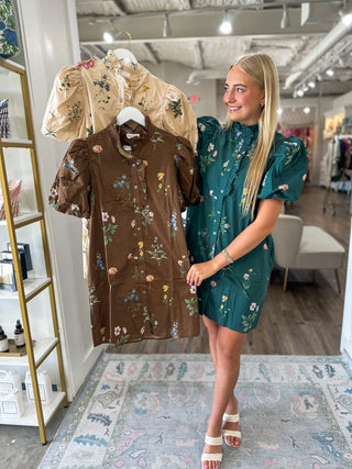 Hunter Green Garden Stroll Ruffle Neck Mini Dress