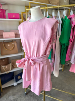 Pink Padded Shoulder Bow Belted Romper