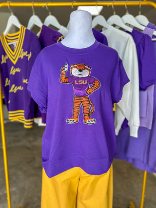 Purple Emily LSU Tiger Mascot Sequin Top