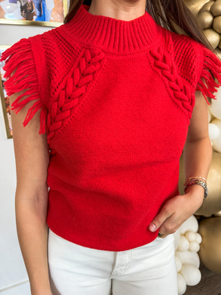 Candy Red Fun & Fringy Cable Knit Trim Sleeveless Sweater