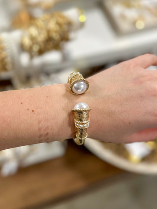 Worn Gold Classy Hinged Bracelet W/ Pearl Accents