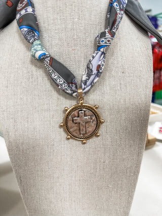 Grey & Navys W/ Cross Coin Knotted Scarf Necklace